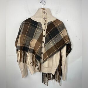 Check Tassel Shawl Fake Two-Piece Turtleneck Knitted Cardigan Sweater size L